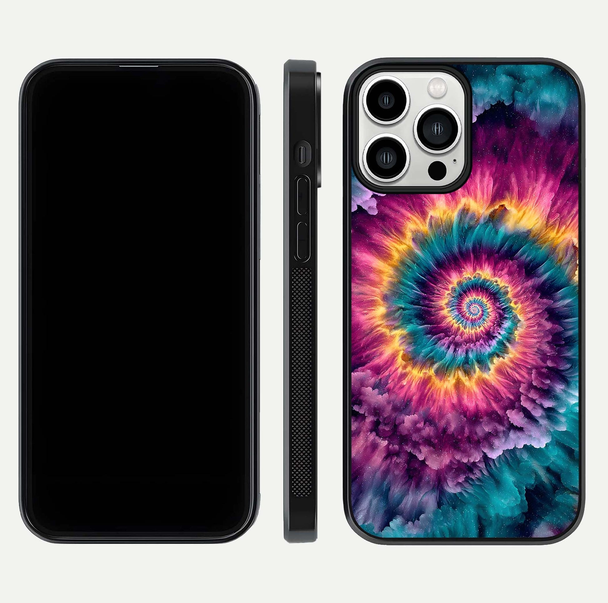 Galactic Spiral Burst Glass Case for iPhone 13 Pro Max front and back view layout highlighting cosmic swirl and curved edges