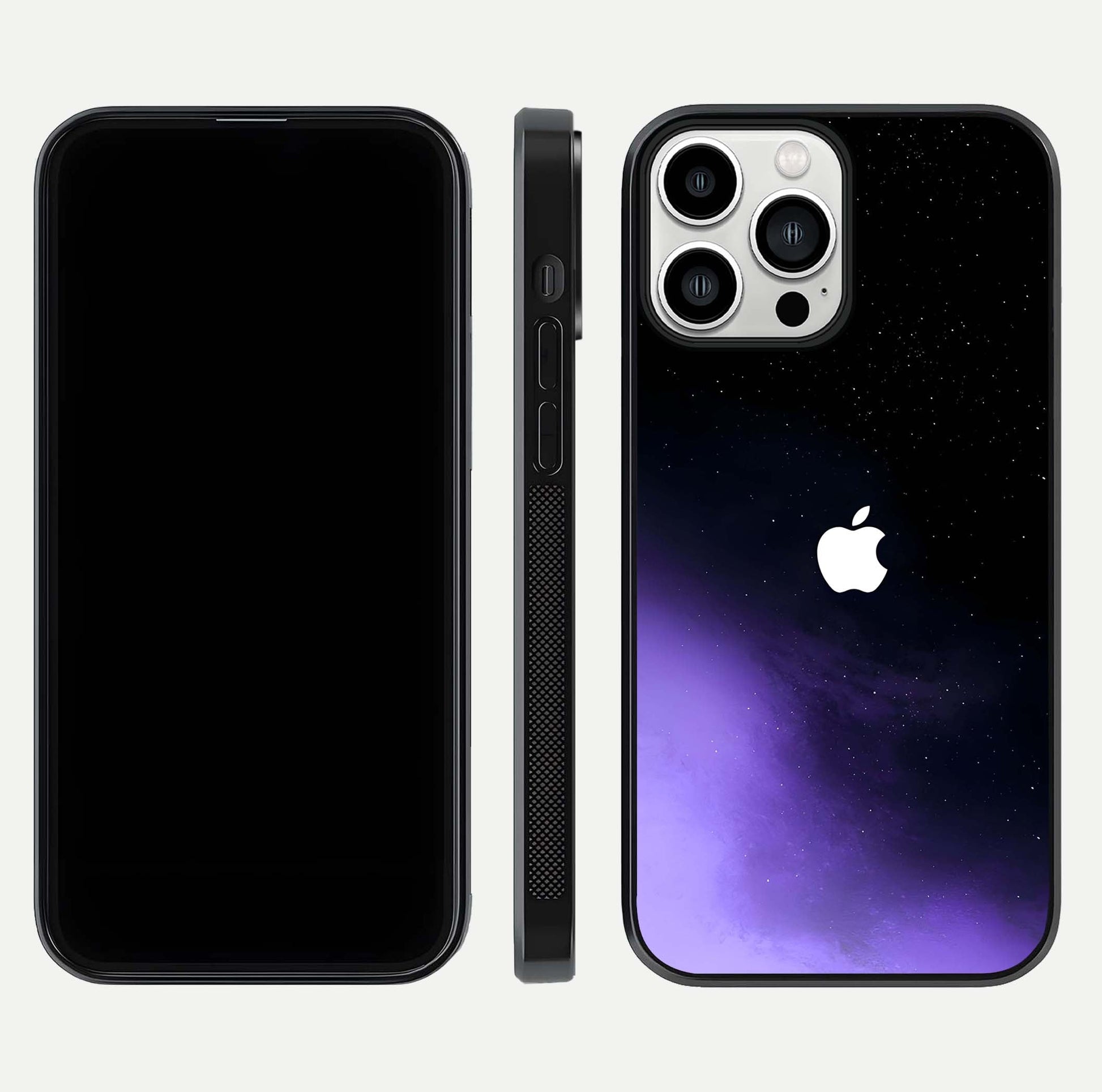 Galaxy Apple Aura Glass Case for iPhone 13 Pro Max front and back view layout displaying cosmic tones and premium curved glass edges
