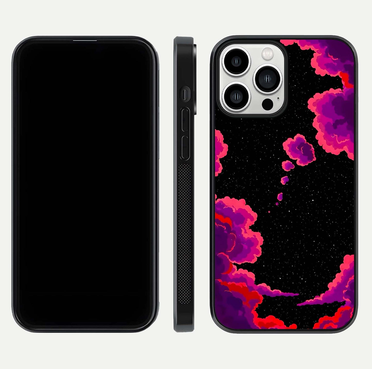 Galaxy Dream Frame Glass Case for iPhone 13 Pro Max front and back view layout highlighting cosmic design and smooth glass curvature