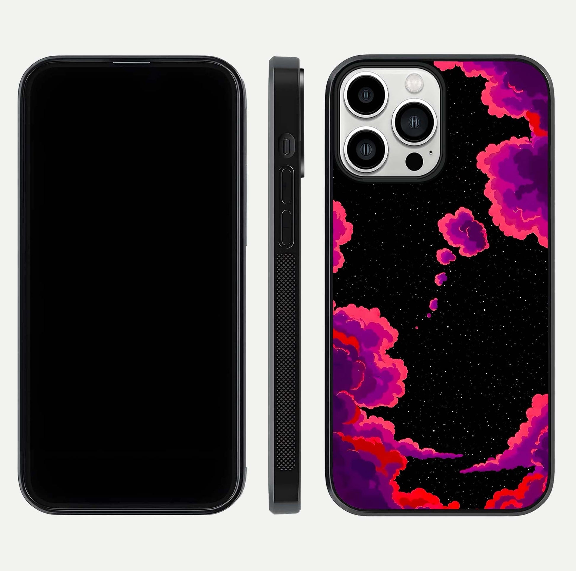 Galaxy Dream Frame Glass Case for iPhone 13 Pro Max front and back view layout highlighting cosmic design and smooth glass curvature