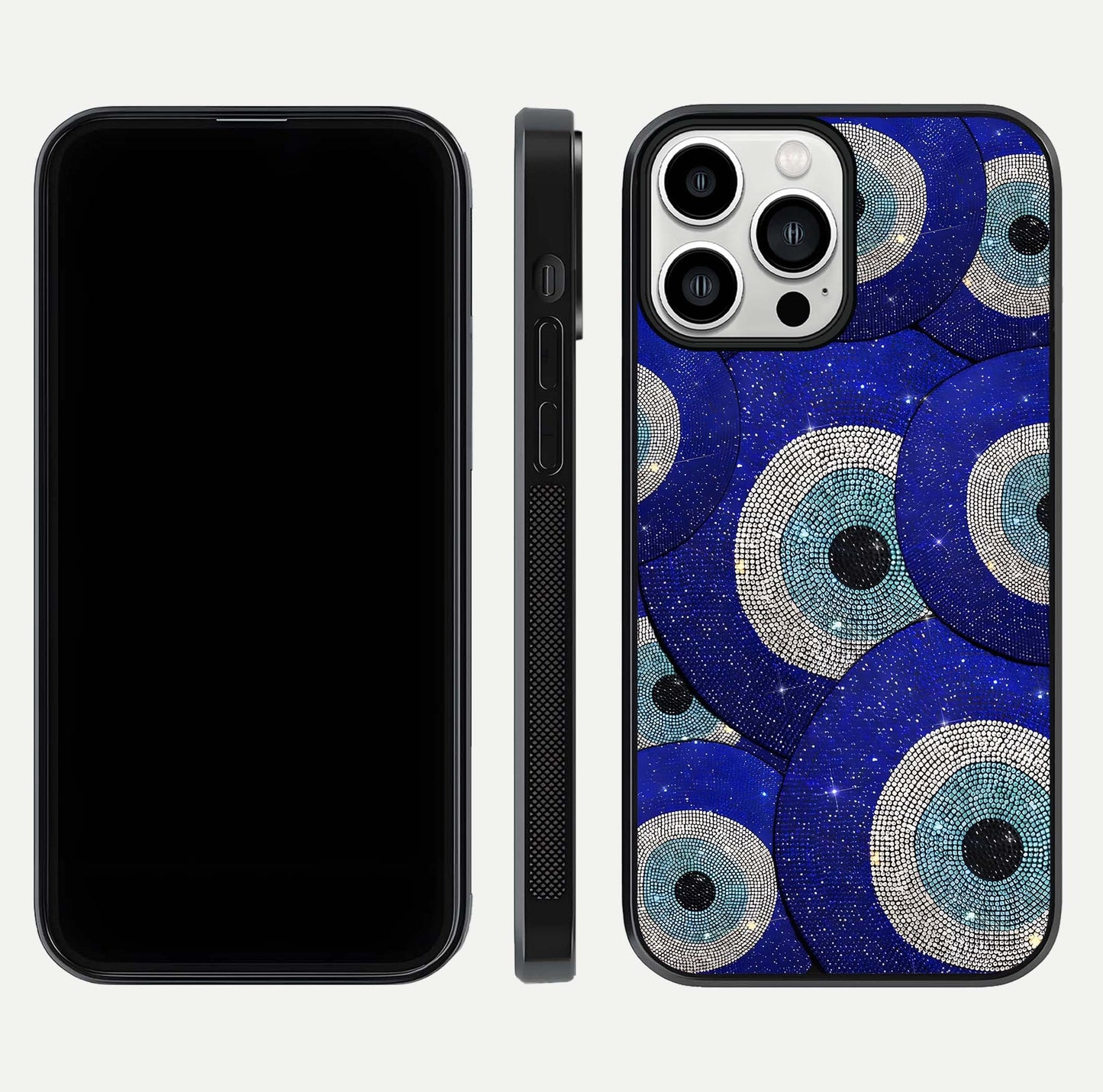 Galaxy Eye Flow Glass Case for iPhone 13 Pro Max front and back view layout displaying cosmic art and curved glass borders