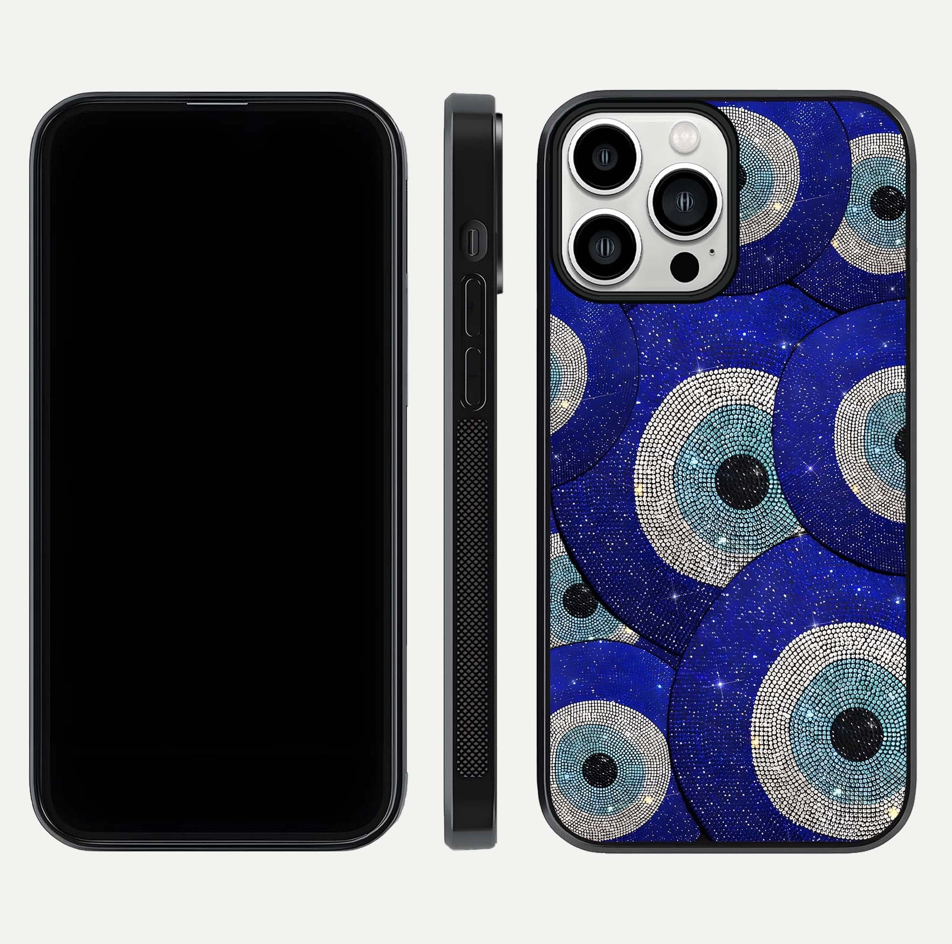 Galaxy Eye Flow Glass Case for iPhone 13 Pro Max front and back view layout displaying cosmic art and curved glass borders