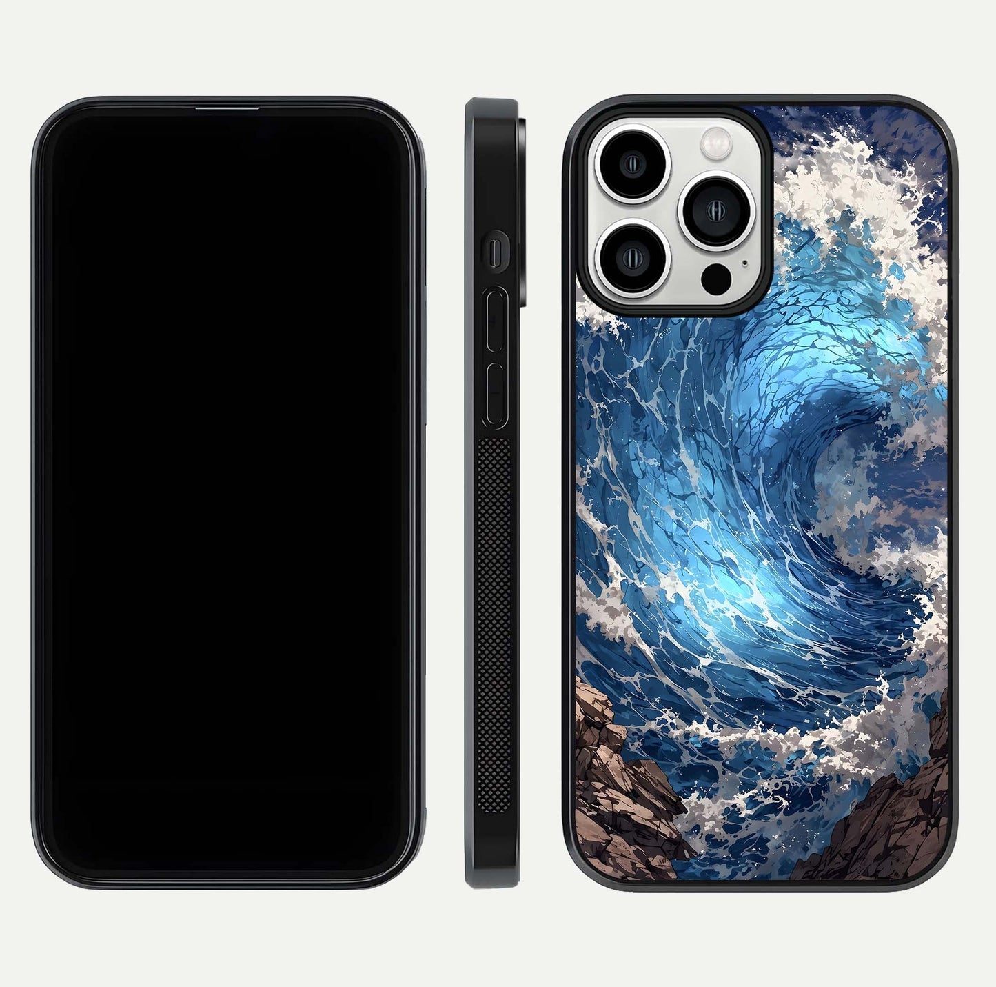 Giant Ocean Wave Glass Case for iPhone 13 Pro Max front and back view layout displaying sea tones and smooth curved edges