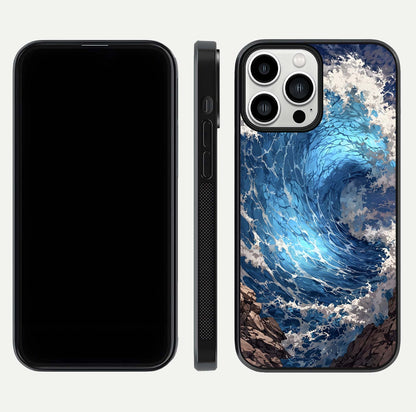 Giant Ocean Wave Glass Case for iPhone 13 Pro Max front and back view layout displaying sea tones and smooth curved edges