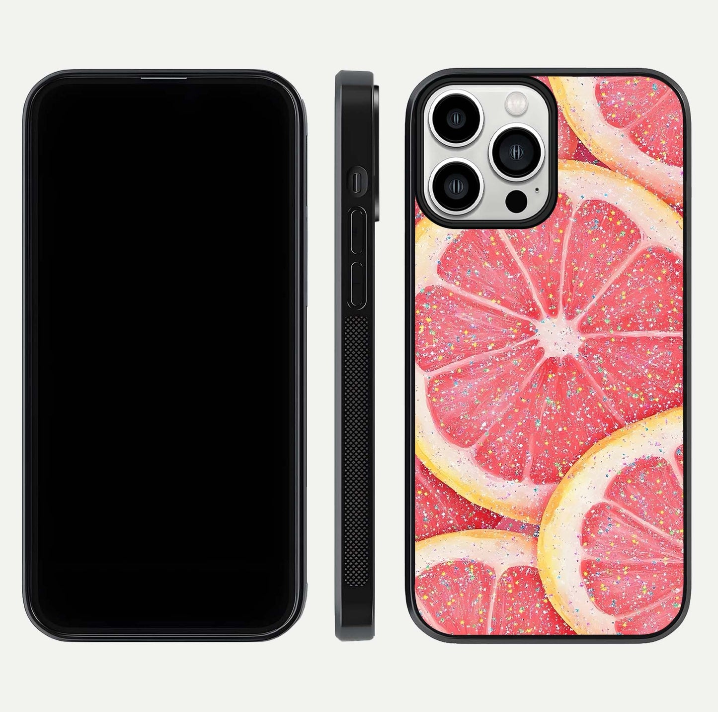Glitter Grapefruit Glass Case for iPhone 13 Pro Max front and back view layout highlighting citrus hues and smooth glass