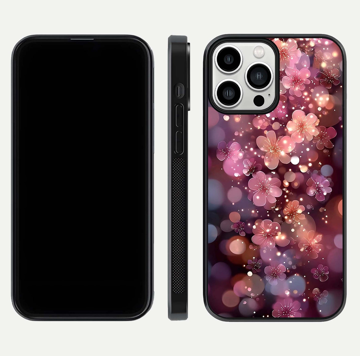 Glowing Petal Bliss Glass Case for iPhone 13 Pro Max front and back view layout displaying artistic floral design and curved glass