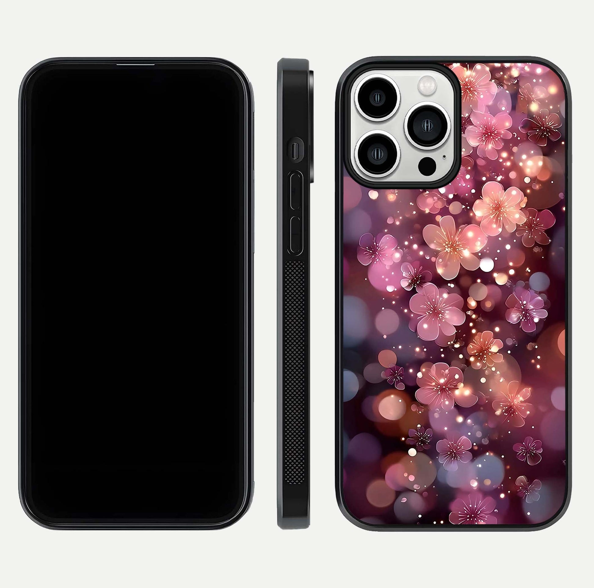 Glowing Petal Bliss Glass Case for iPhone 13 Pro Max front and back view layout displaying artistic floral design and curved glass