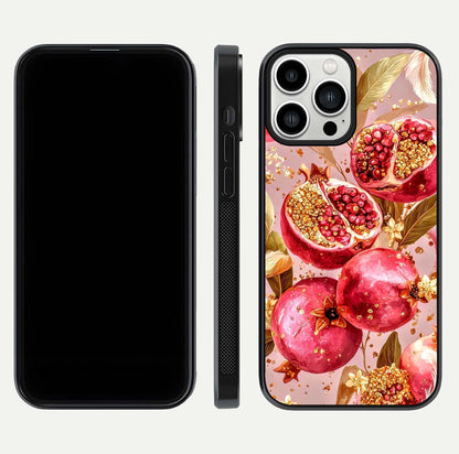 Golden Bloom Glow Glass Case for iPhone 13 Pro Max front and back view layout highlighting luxury floral pattern and curved edges