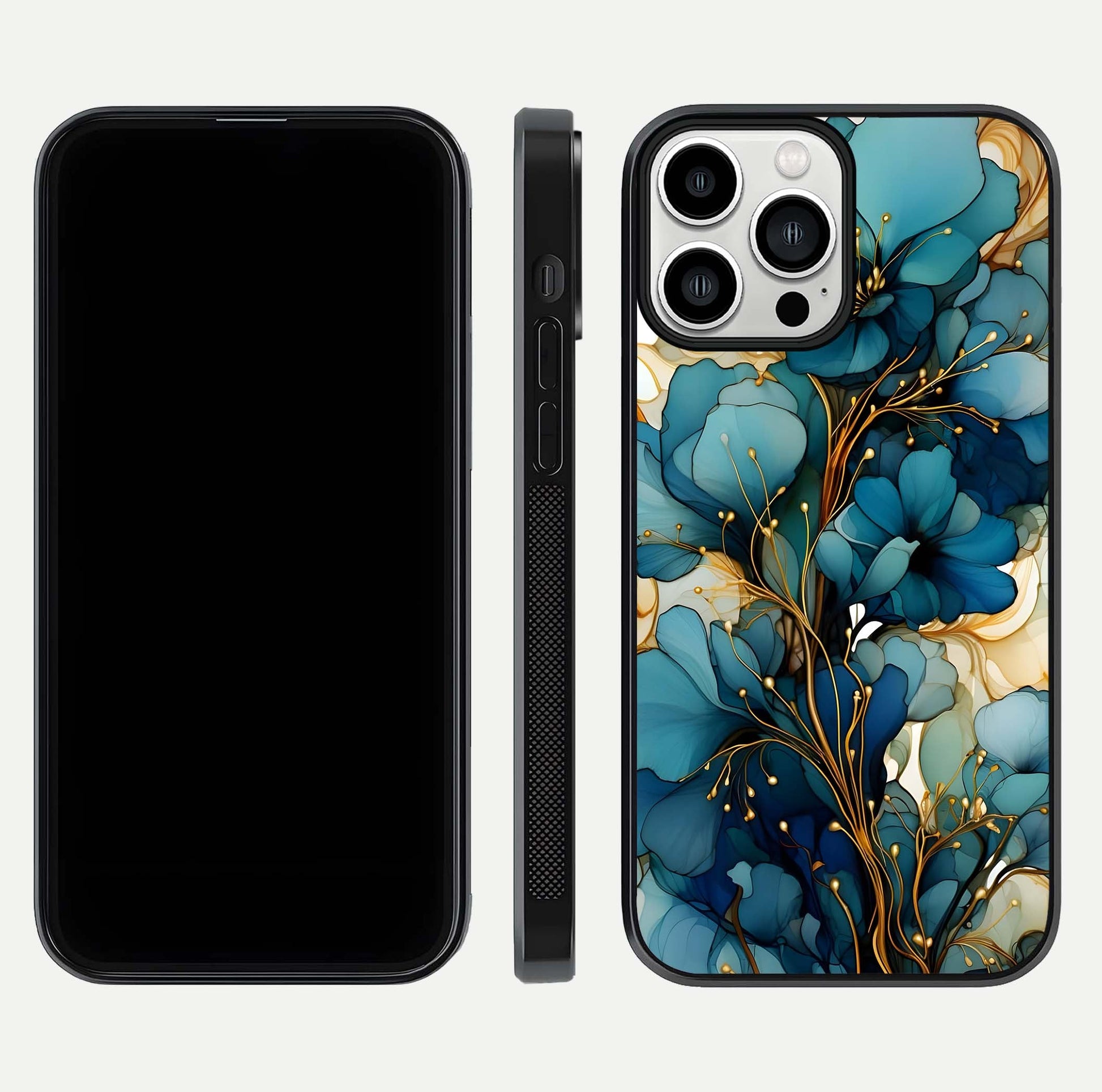 Golden Bloom Symphony Glass Case for iPhone 13 Pro Max front and back view layout highlighting rich floral tones and curved glass edges