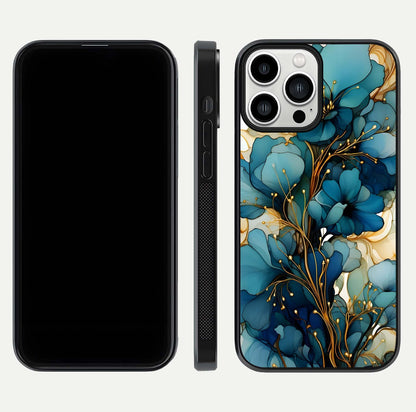 Golden Bloom Symphony Glass Case for iPhone 13 Pro Max front and back view layout highlighting rich floral tones and curved glass edges