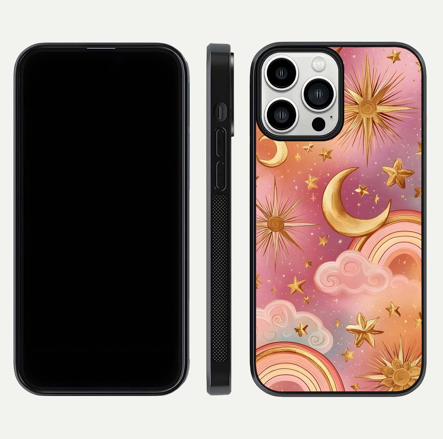 Golden Celestial Dreams Glass Case for iPhone 13 Pro Max front and back view layout highlighting celestial motifs and smooth curved edge