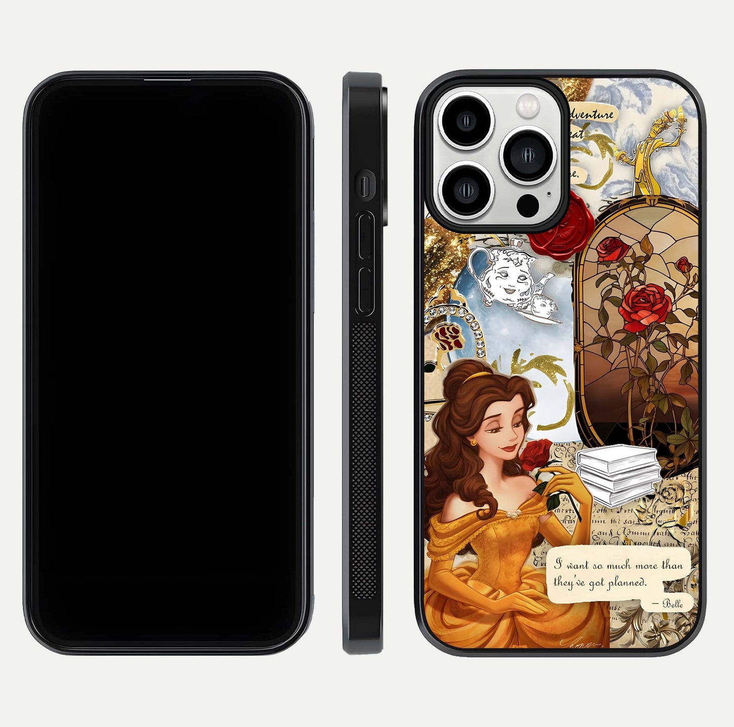 Golden Dream Belle Glass Case for iPhone 13 Pro Max front and back view layout displaying dreamy golden theme and smooth curvature