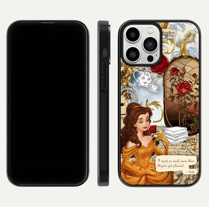 Golden Dream Belle Glass Case for iPhone 13 Pro Max front and back view layout displaying dreamy golden theme and smooth curvature