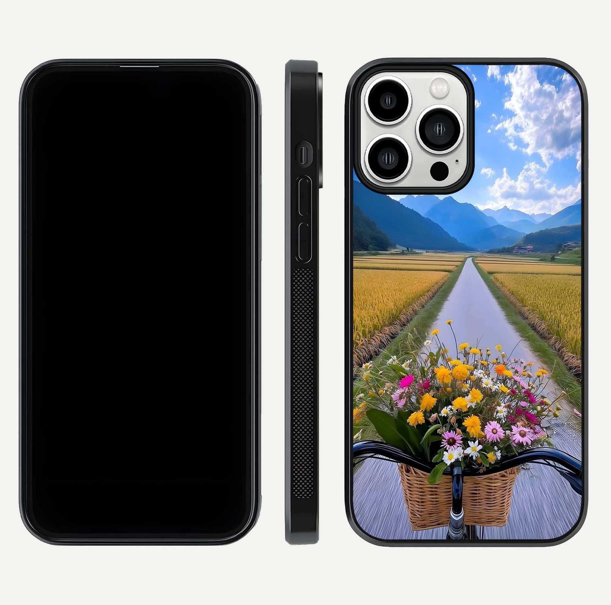 Golden Field Journey Glass Case for iPhone 13 Pro Max front and back view layout highlighting natural gradient and smooth glass finish