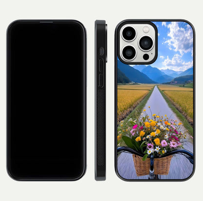 Golden Field Journey Glass Case for iPhone 13 Pro Max front and back view layout highlighting natural gradient and smooth glass finish