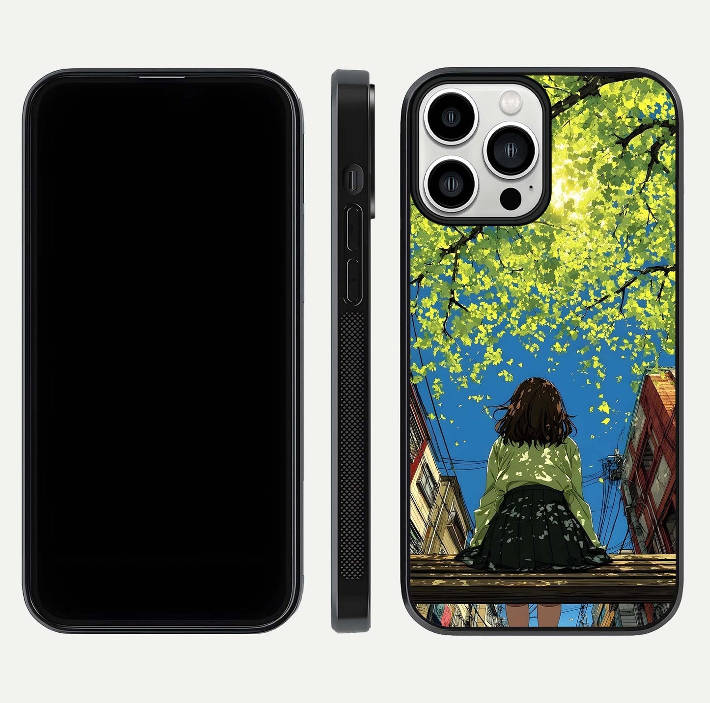 Golden Leaves Glow Glass Case for iPhone 13 Pro Max front and back view layout highlighting glowing tones and curved edges