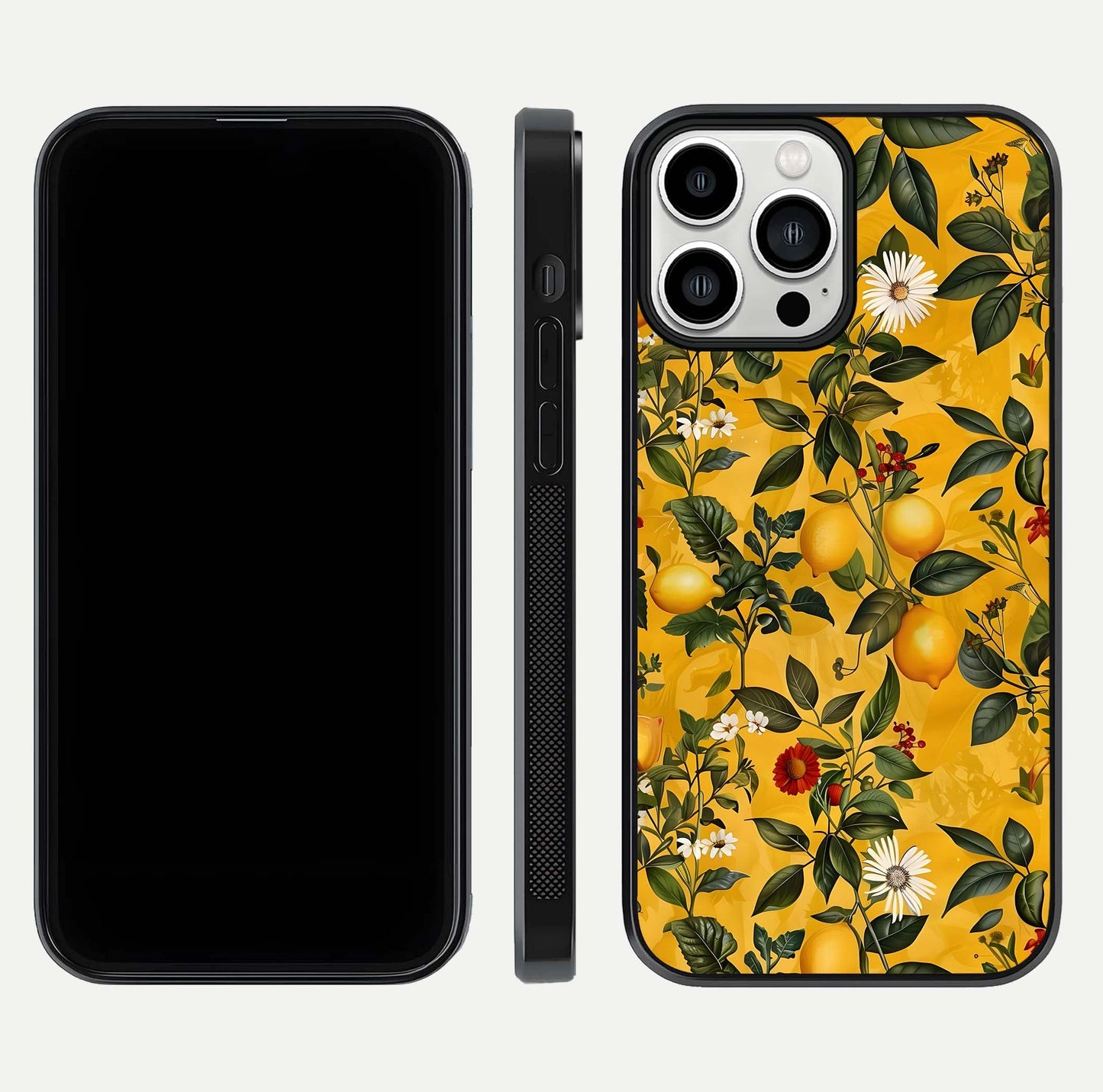 Golden Lemon Field Glass Case for iPhone 13 Pro Max front and back view layout highlighting fruity tones and curved glass edges