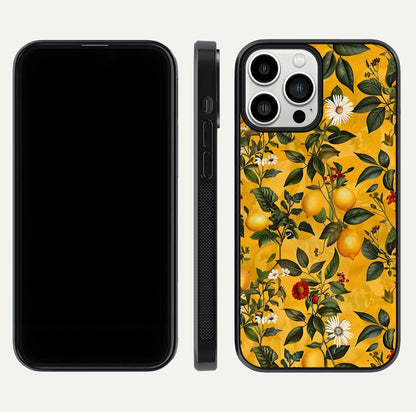 Golden Lemon Field Glass Case for iPhone 13 Pro Max front and back view layout highlighting fruity tones and curved glass edges