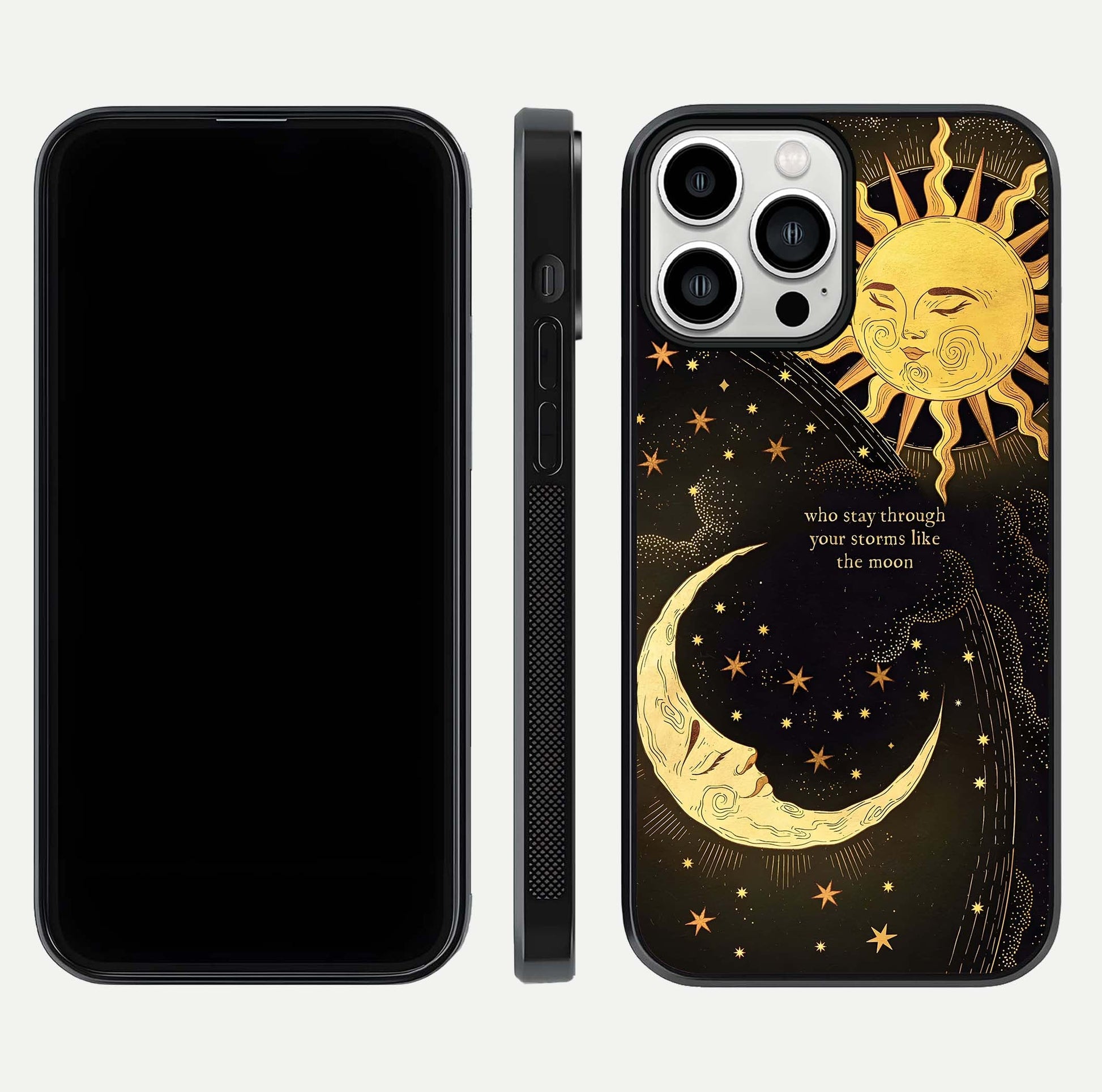 Golden Lunar Love Glass Case for iPhone 13 Pro Max front and back view layout highlighting celestial tones and curved edges