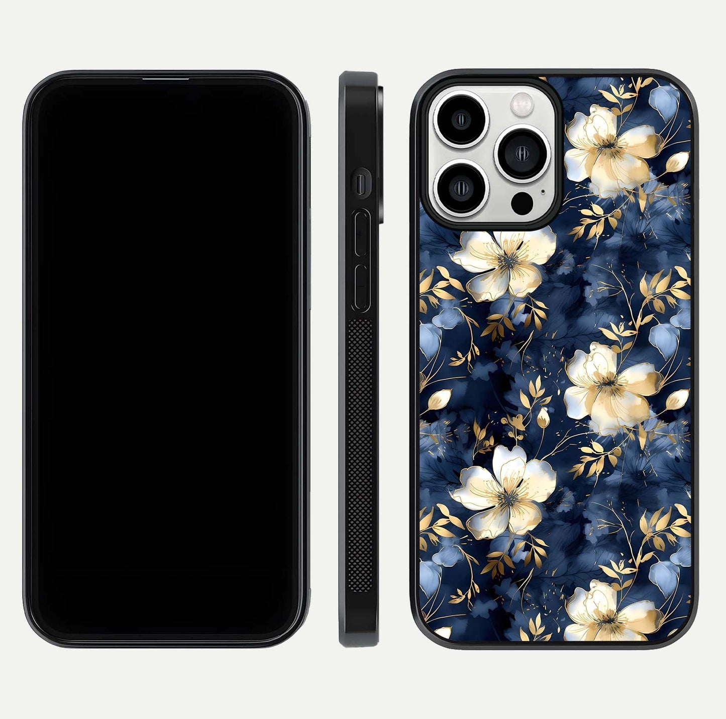 Golden Midnight Bloom Glass Case for iPhone 13 Pro Max front and back view layout highlighting dark-gold tones and smooth curves
