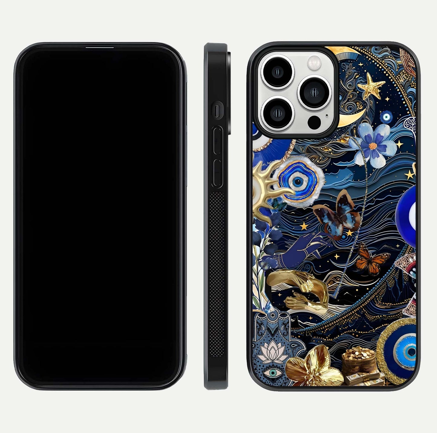Golden Moon Magic Glass Case for iPhone 13 Pro Max front and back view layout highlighting celestial tones and curved glass