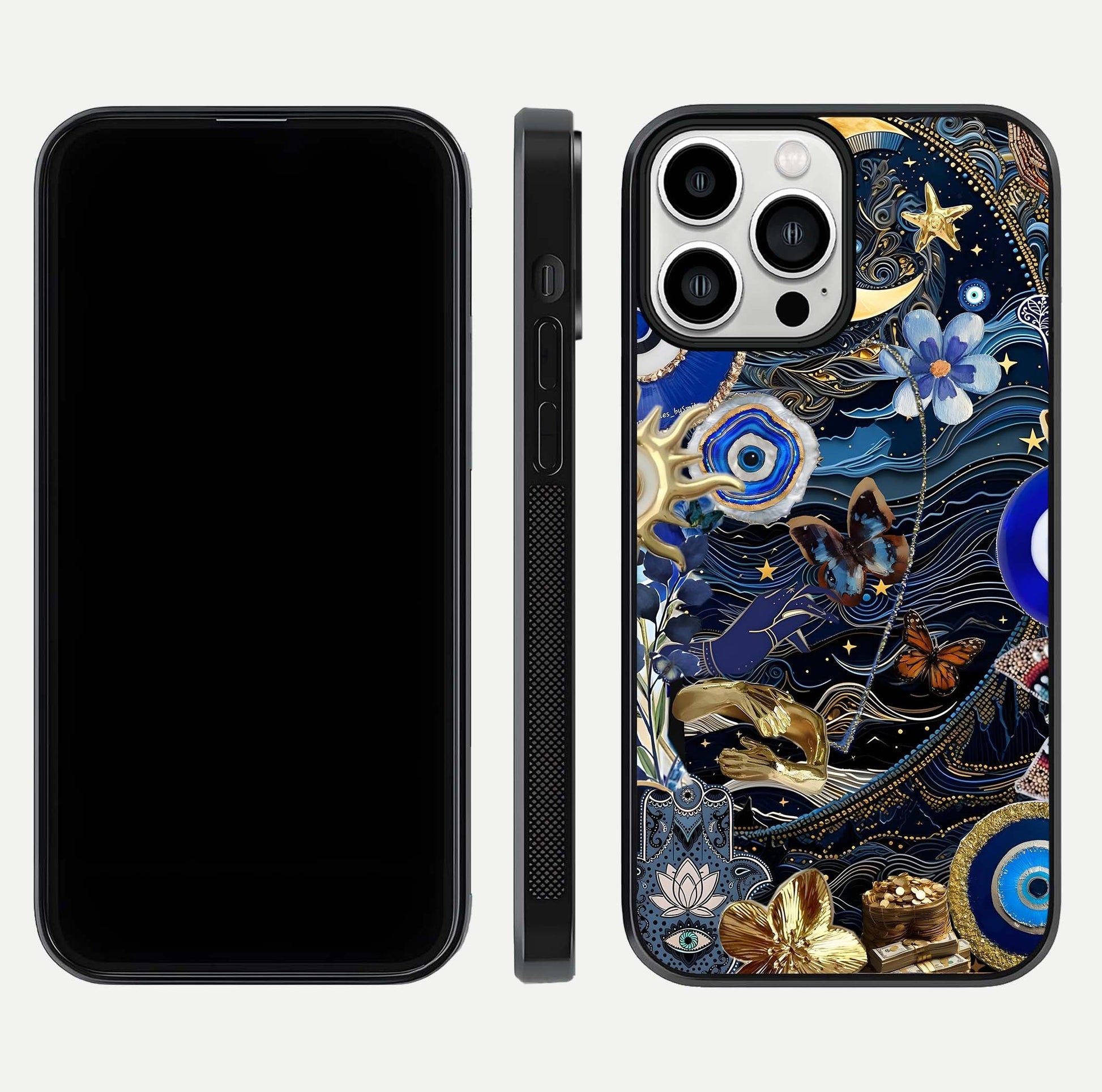 Golden Moon Magic Glass Case for iPhone 13 Pro Max front and back view layout highlighting celestial tones and curved glass