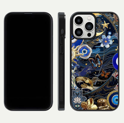 Golden Moon Magic Glass Case for iPhone 13 Pro Max front and back view layout highlighting celestial tones and curved glass
