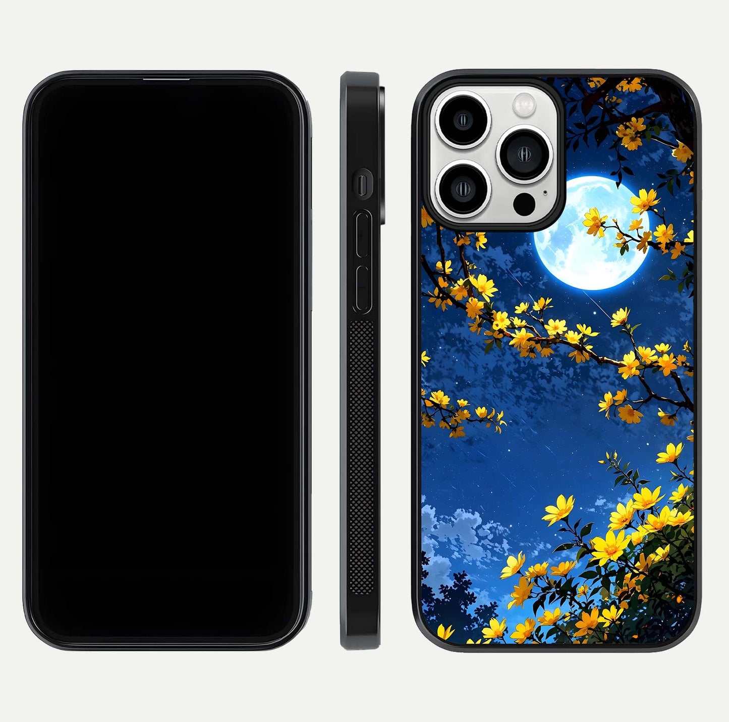 Golden Night Glow Glass Case for iPhone 13 Pro Max front and back view layout displaying metallic glow and curved glass edge