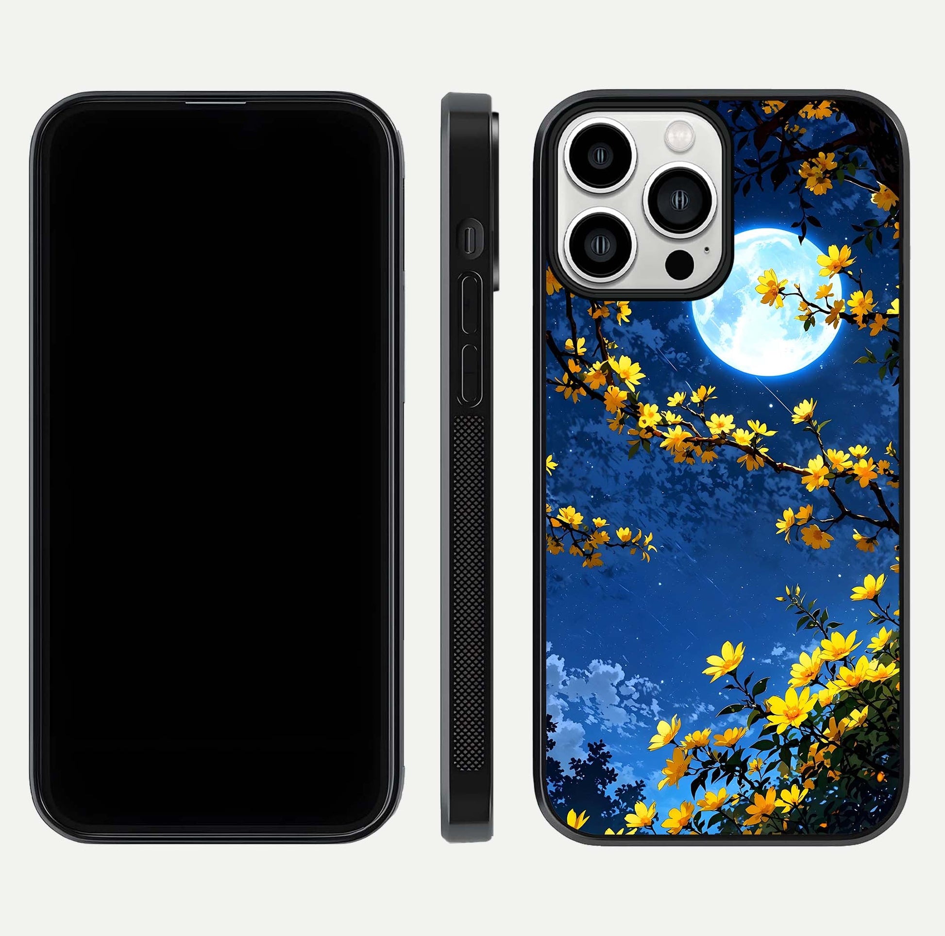 Golden Night Glow Glass Case for iPhone 13 Pro Max front and back view layout displaying metallic glow and curved glass edge