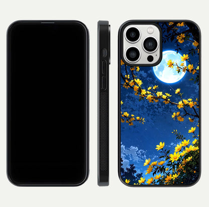 Golden Night Glow Glass Case for iPhone 13 Pro Max front and back view layout displaying metallic glow and curved glass edge