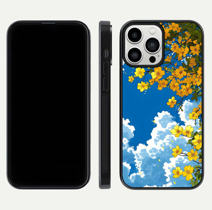 Golden Petal Sky Glass Case for iPhone 13 Pro Max front and back view layout highlighting floral pattern and curved glass edges