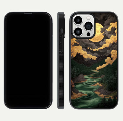 Golden River Moon Glass Case for iPhone 13 Pro Max front and back view layout displaying celestial glow and smooth curves