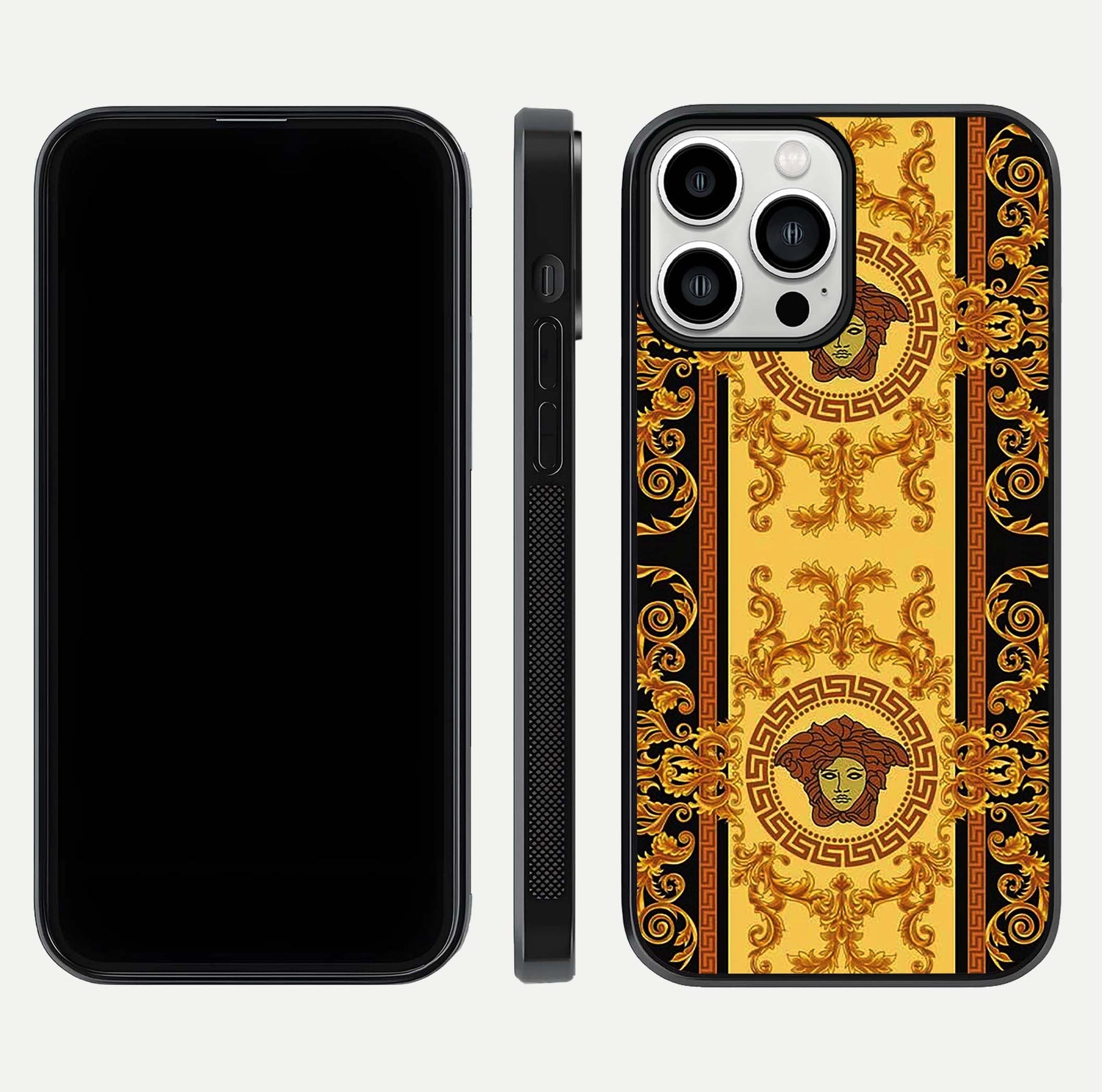 Golden Royal Heritage Glass Case for iPhone 13 Pro Max front and back view layout displaying ornate gold texture and curved edges