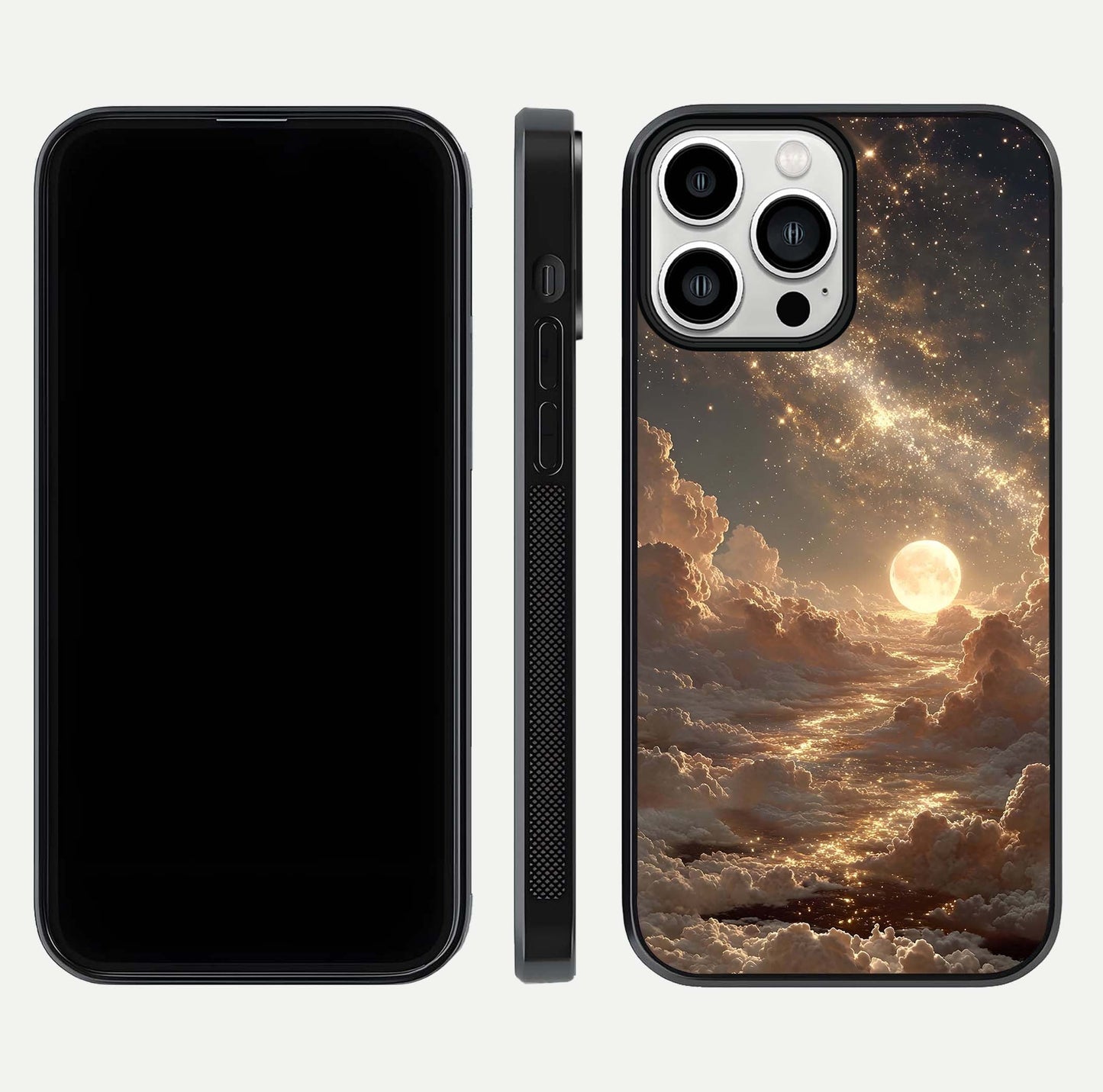 Golden Sky Dream Glass Case for iPhone 13 Pro Max front and back view layout highlighting celestial gold hues and curved glass