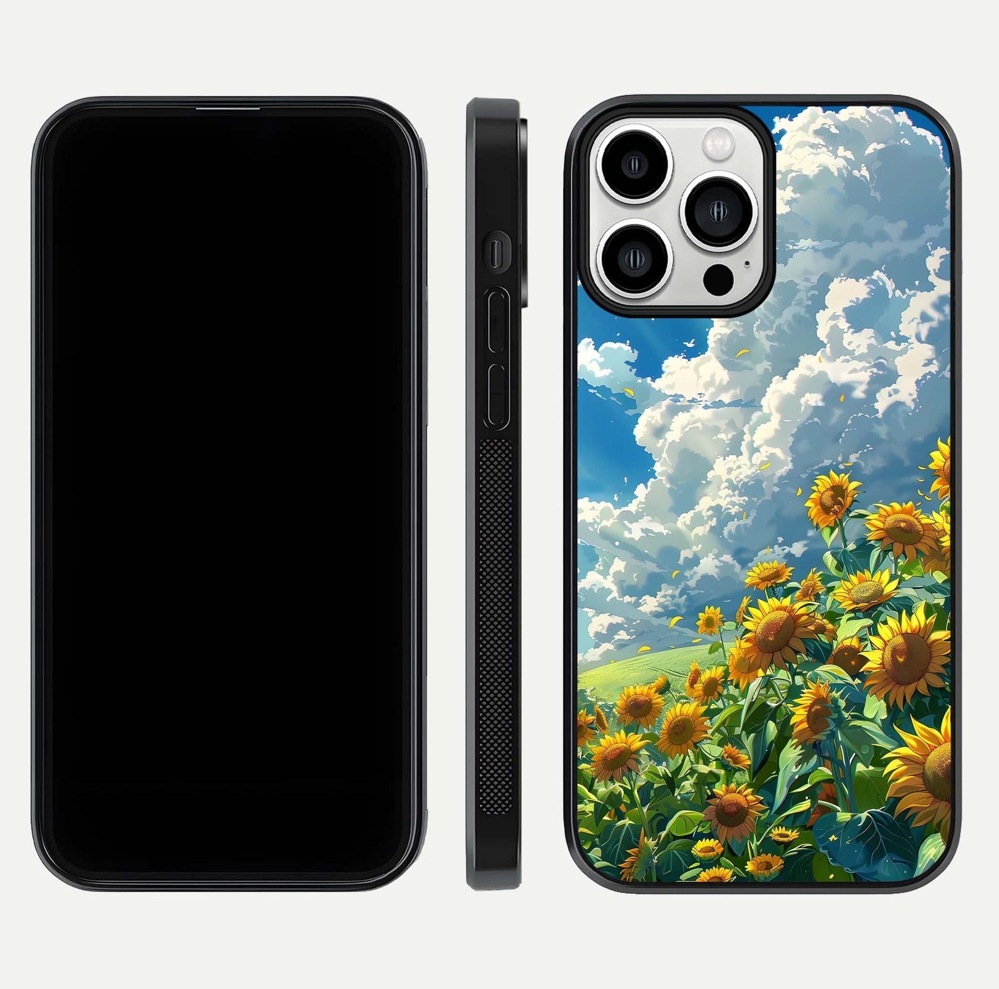 Golden Sun Glory Glass Case for iPhone 13 Pro Max front and back view layout displaying bright golden tones and curved edges