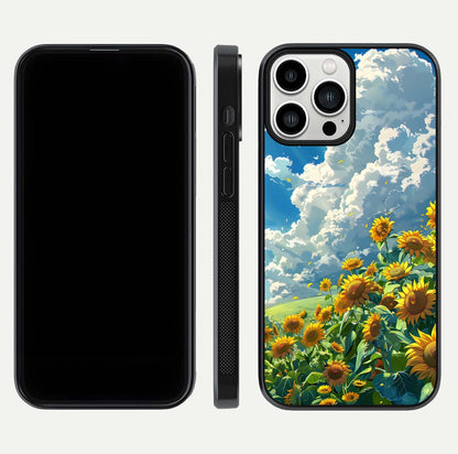 Golden Sun Glory Glass Case for iPhone 13 Pro Max front and back view layout displaying bright golden tones and curved edges