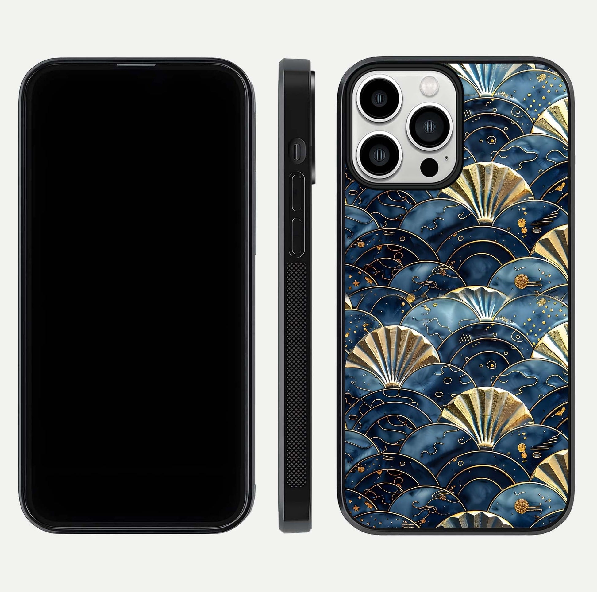 Golden Wave Luxe Glass Case for iPhone 13 Pro Max front and back view layout highlighting fluid gold design and curved glass