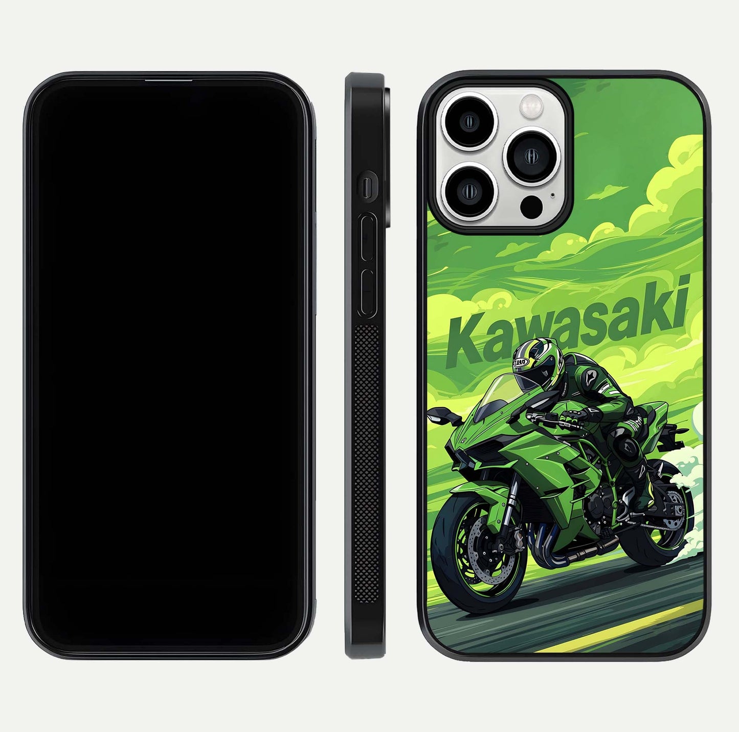 Green Kawasaki Glass Case for iPhone 13 Pro Max front and back view layout highlighting vivid green tones and curved glass edges