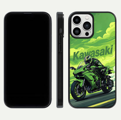 Green Kawasaki Glass Case for iPhone 13 Pro Max front and back view layout highlighting vivid green tones and curved glass edges