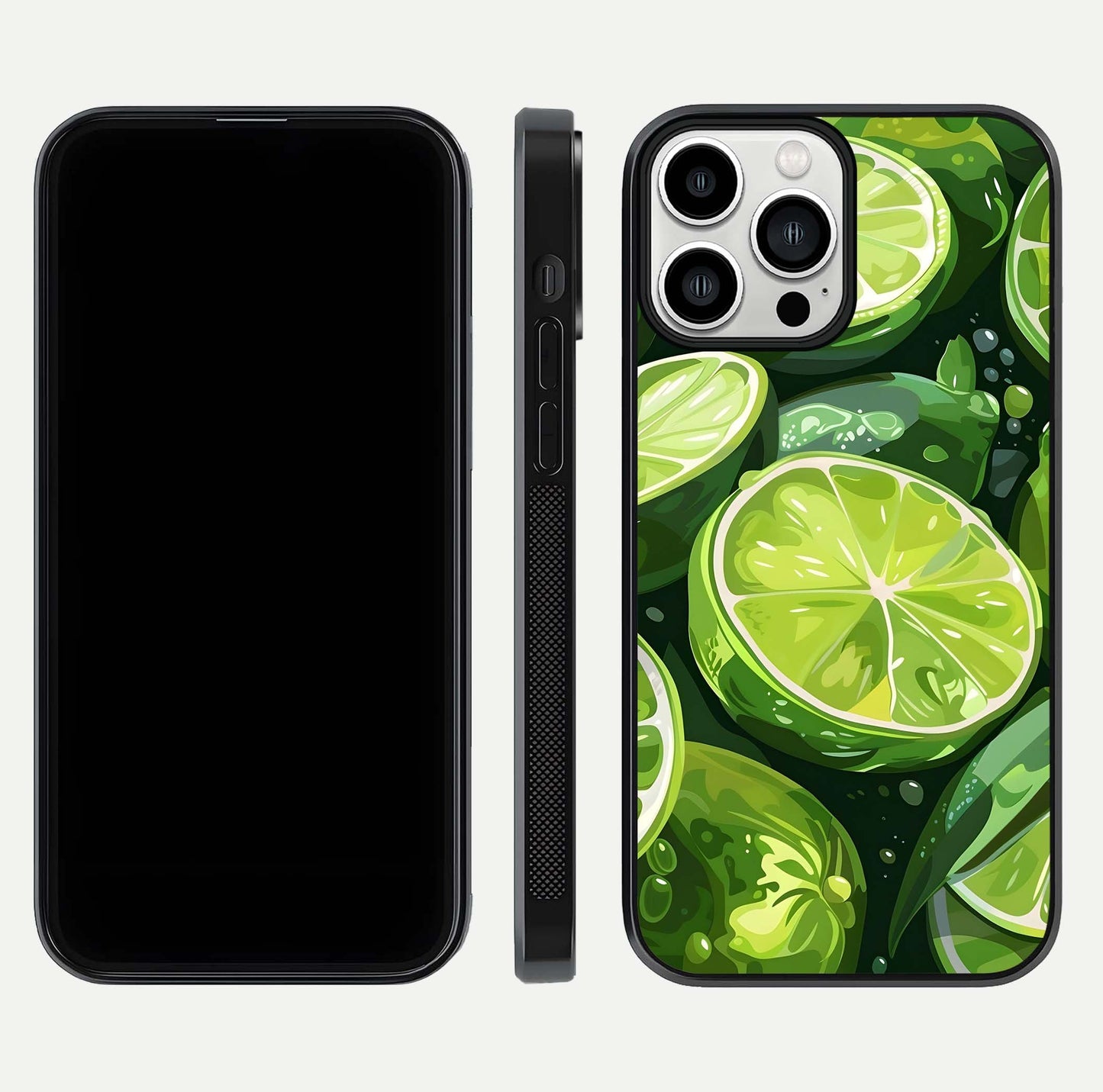 Green Lemon Glass Case for iPhone 13 Pro Max front and back view layout displaying vibrant yellow-green hues and smooth edges