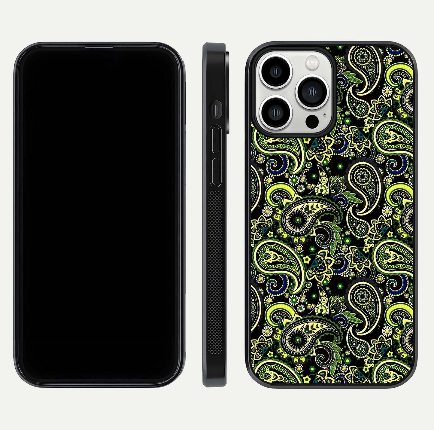 Green Mandala Pattern Glass Case for iPhone 13 Pro Max front and back view layout highlighting geometric art and curved glass