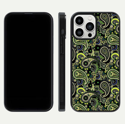 Green Mandala Pattern Glass Case for iPhone 13 Pro Max front and back view layout highlighting geometric art and curved glass