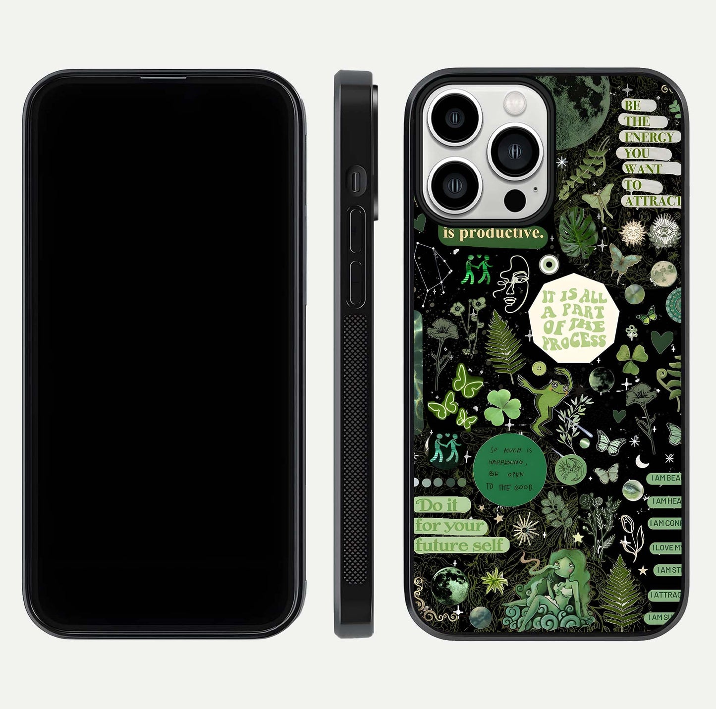 Green Moon Energy Glass Case for iPhone 13 Pro Max front and back view layout highlighting cosmic tones and smooth edges