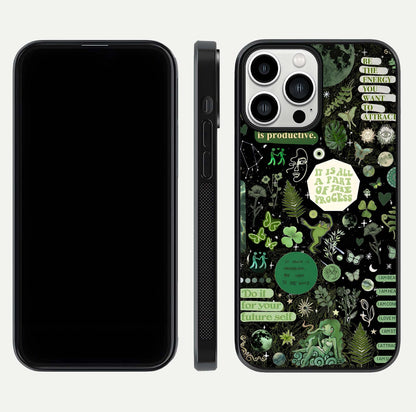 Green Moon Energy Glass Case for iPhone 13 Pro Max front and back view layout highlighting cosmic tones and smooth edges