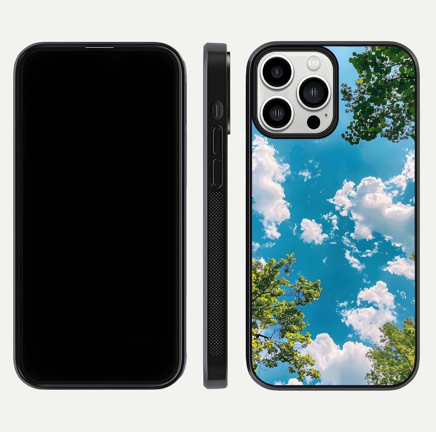 Greenery Sky Glass Case for iPhone 13 Pro Max front and back view layout displaying scenic green-blue gradient and curved edges