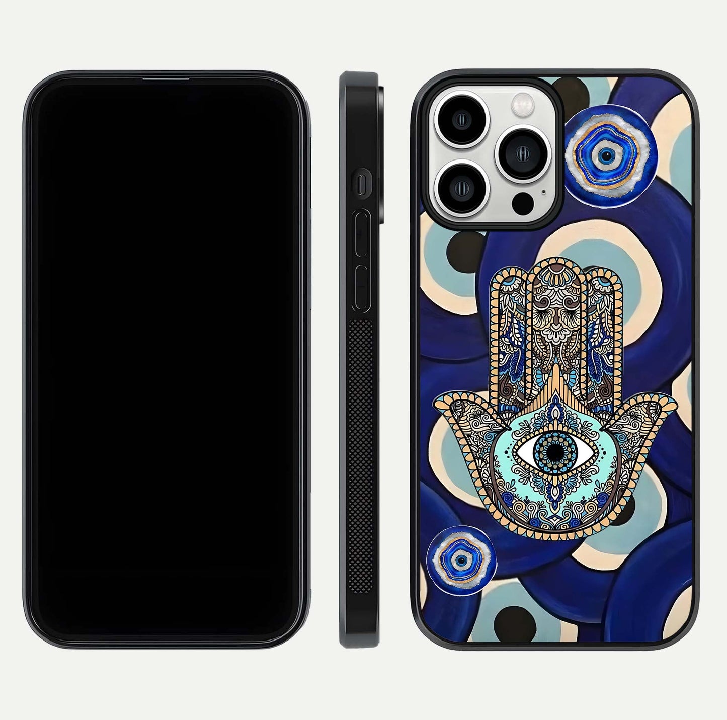 Hamsa Divine Guard Glass Case for iPhone 13 Pro Max front and back view layout highlighting spiritual artwork and smooth edges