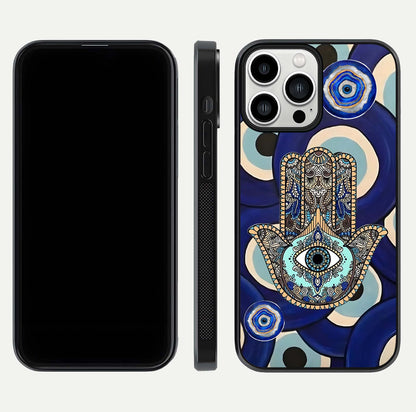 Hamsa Divine Guard Glass Case for iPhone 13 Pro Max front and back view layout highlighting spiritual artwork and smooth edges