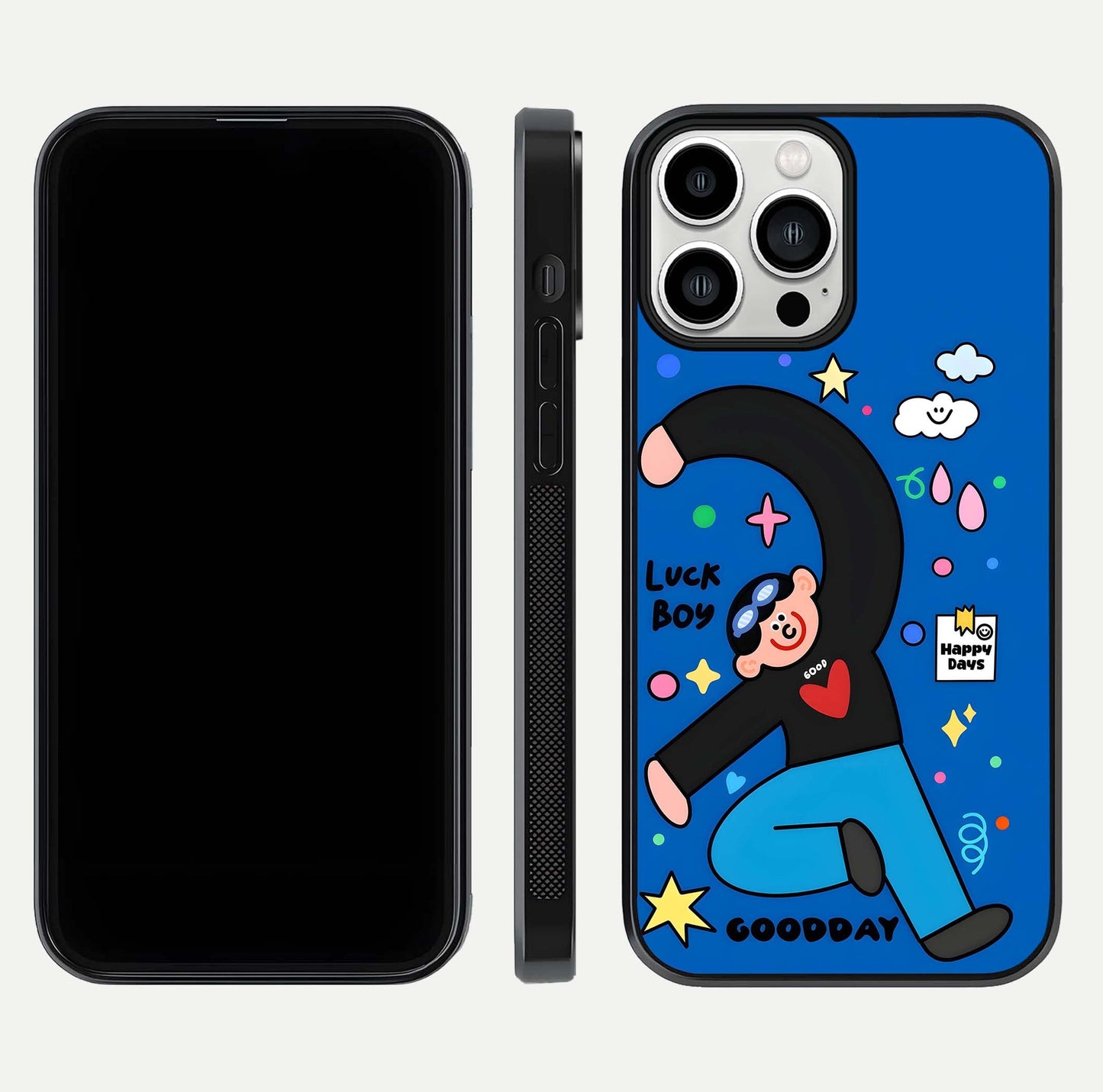 Happy Luck Vibe Glass Case for iPhone 13 Pro Max front and back view layout highlighting positive motif and curved edges