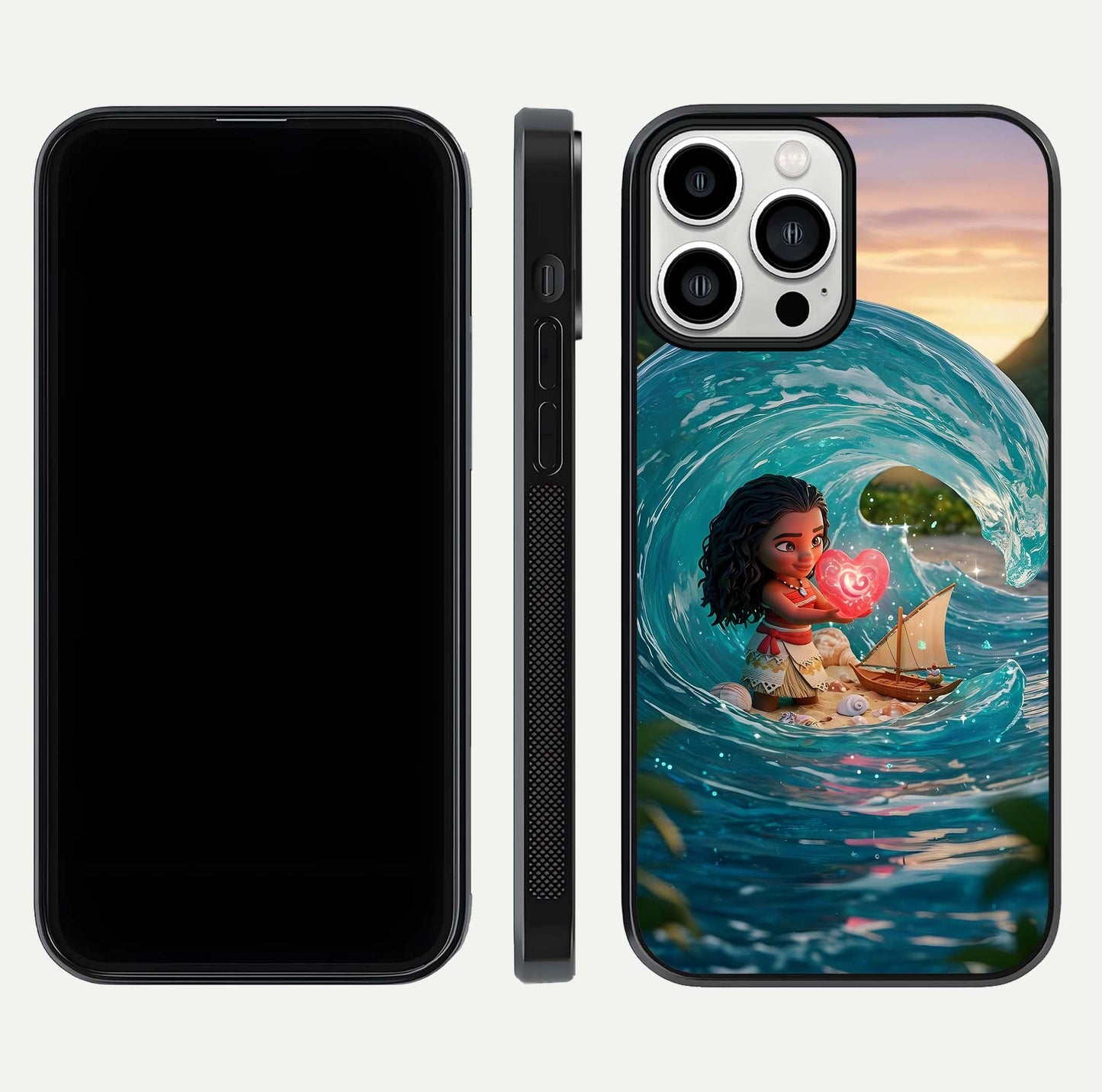 Heart of Ocean Glass Case for iPhone 13 Pro Max front and back view layout highlighting sea-themed art and curved glass edges