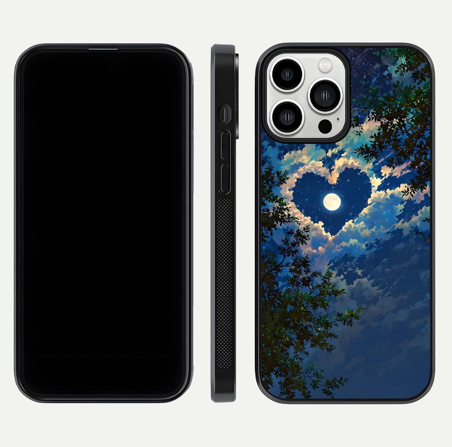 Heart with Moon Sky Glass Case for iPhone 13 Pro Max front and back view layout displaying celestial tones and curved glass